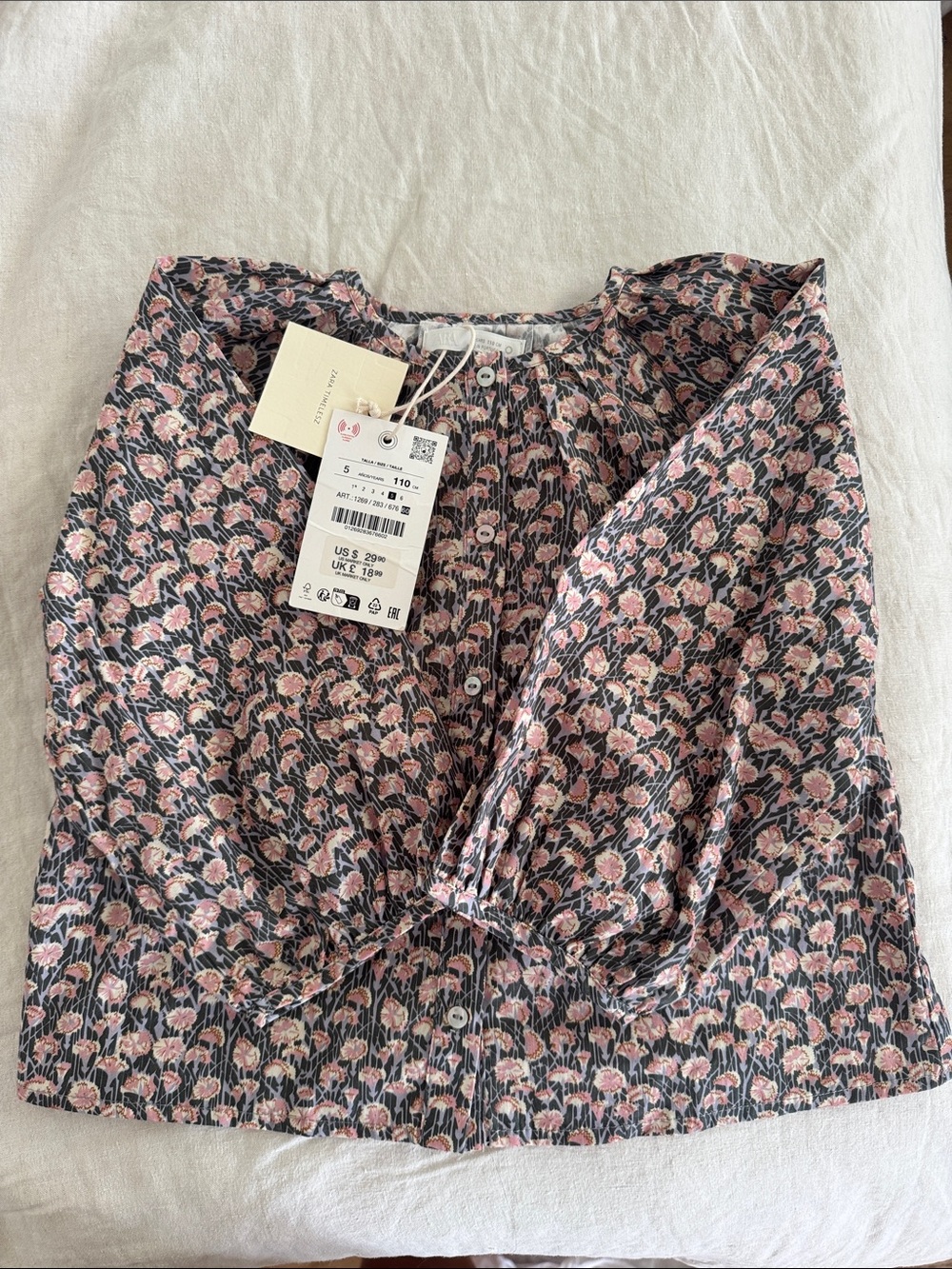 Zara Girls Pink and Black Floral Button-Down Shirt